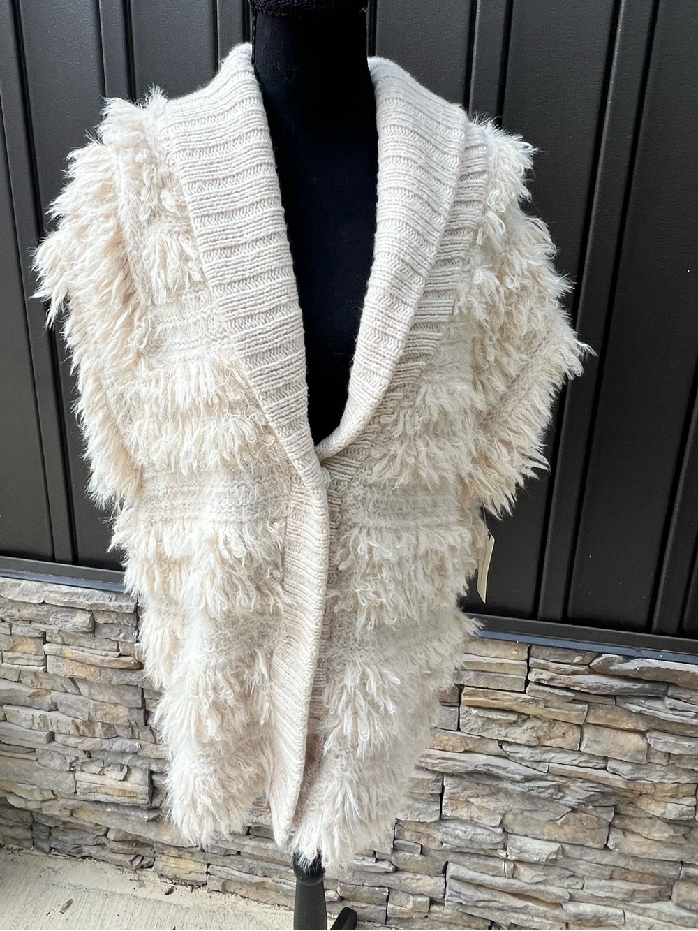 Anthropologie Cream Shaggy Open-Front Coatigan Vest